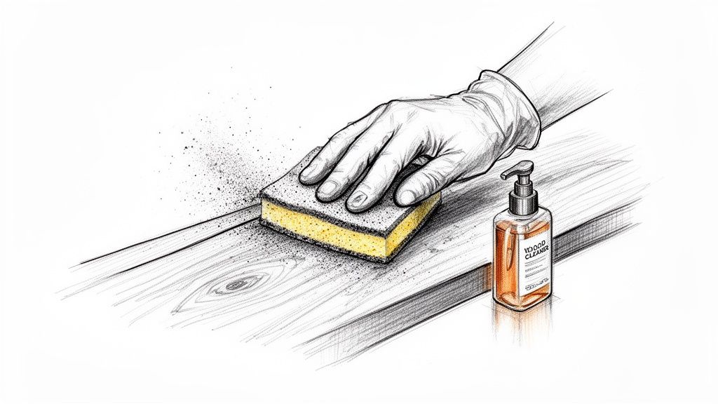 En handske hånd rengør en træoverflade med en svamp og trærens, der fjerner snavs.