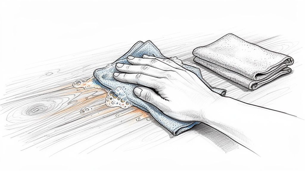 En hånd tørrer en træbordplade af med en blå klud. Væske og skum ses på bordpladen.