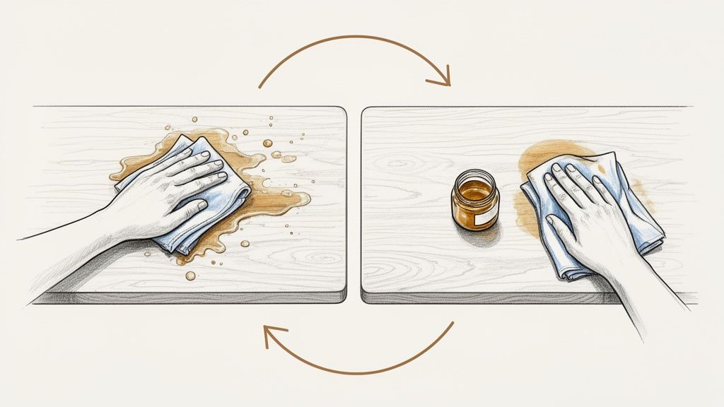 Snedkerarbejde i gang, hånd, værktøj og træmaterialer.