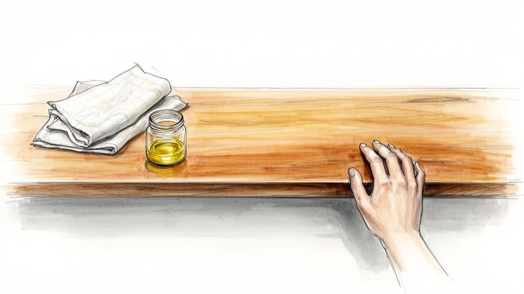 En hånd rører en træbordplade ved siden af en krukke med olie og klude.