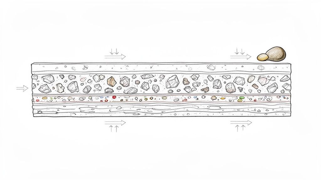 Illustration af en lagdelt struktur med forskellige materialer og pile, der viser væskestrøm.