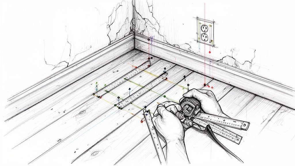 Hænder måler et trægulv med målebånd og tommestok, der viser en plantegning med farvede streger og tal.