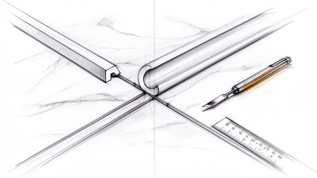 Detaljeret tegning af profiler, lineal og pen på en marmoreret overflade, der illustrerer design og præcision.