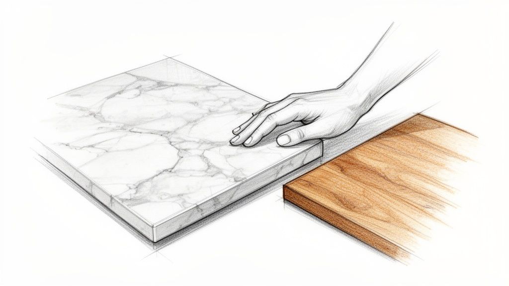 En hånd rører en marmorplade ved siden af en træoverflade, der fremhæver materialeteksturer.