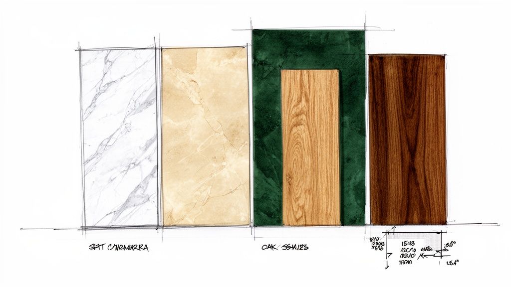 Forskellige materialeprøver af marmor og træ med skitser og tekst.