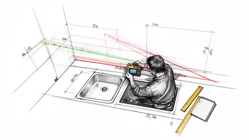 En person måler et køkkenområde med laser, viser arkitektoniske skitser og dimensioner for en marmorplade.