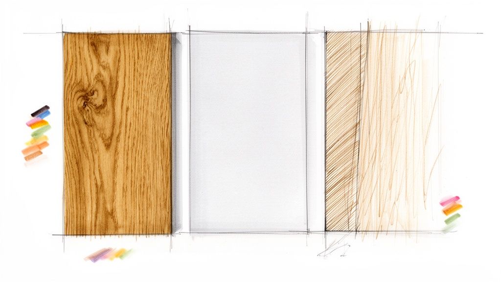 Illustration af forskellige materialeprøver og farvepaletter til garderobeskabe, herunder træ og hvidt design.