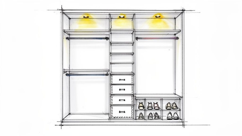Skitseret garderobeskab med indbygget belysning, hylder, skuffer, bøjlestænger og skorum. Et funktionelt design.