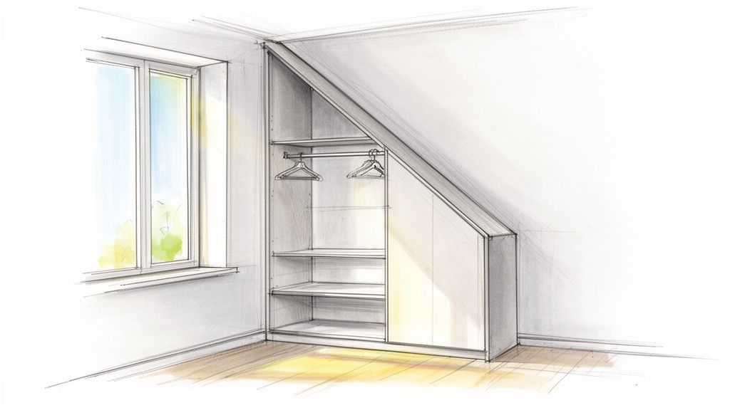 En detaljeret skitse af et indbygget garderobeskab med skråt tag og hylder ved et vindue.