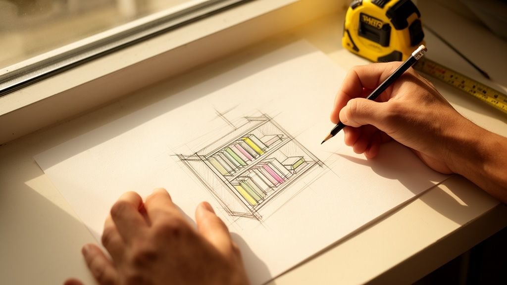 Hånd tegner en farverig skitse af en reol med blyant, målebånd i baggrunden.