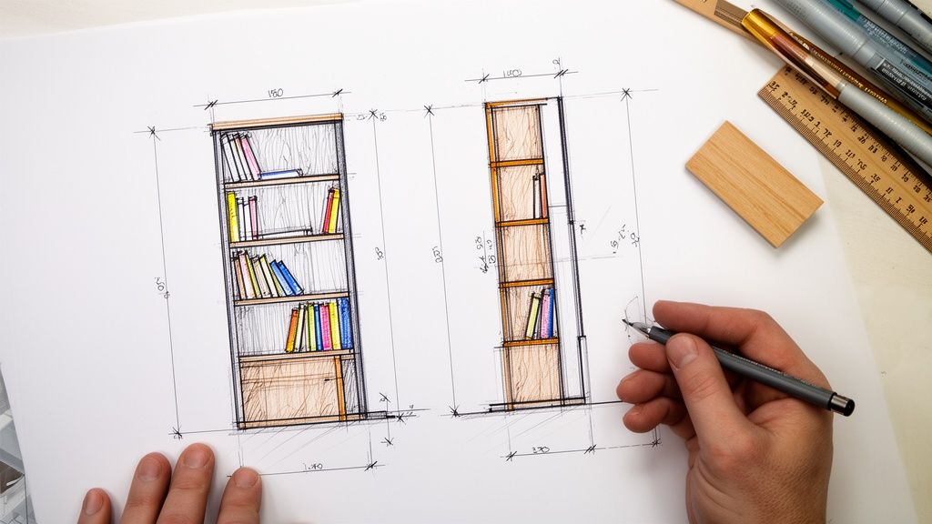Skræddersyet bogreol i træ med præcise mål.