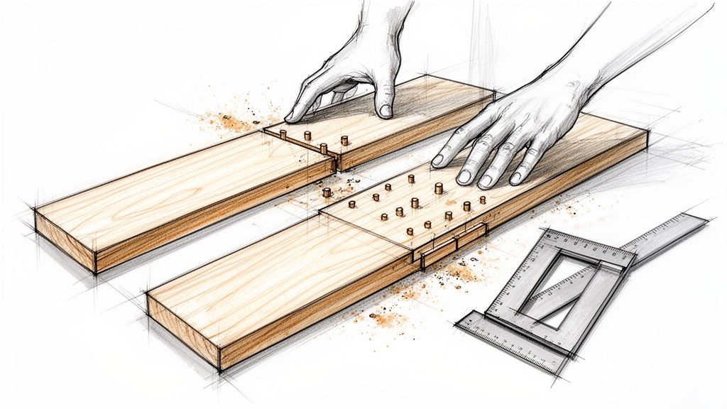 Hænder samler to træplader med dyvler. Et snedkerredskab og savsmuld ligger på bordet.