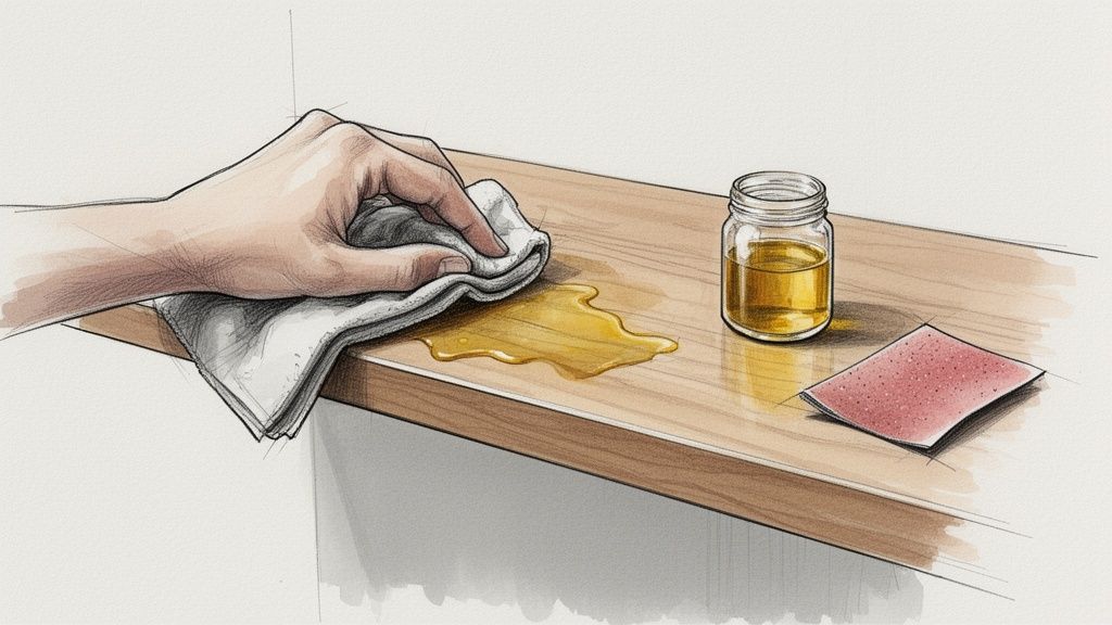 Hånd tørrer spildt olie op fra en træoverflade med klud, nær krukke med olie og sandpapir.