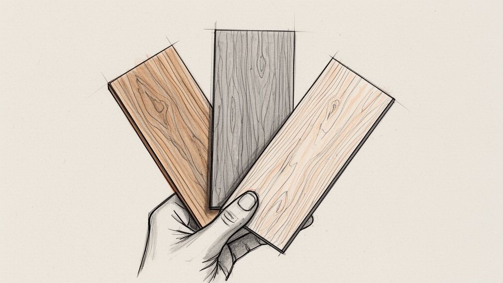 En hånd holder tre træprøver i forskellige nuancer og teksturer, der viser valgmuligheder for trægulve.
