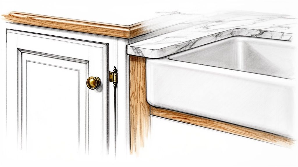 Snedkerarbejde til landkøkken i fransk stil med fokus på kvalitet og detaljer.