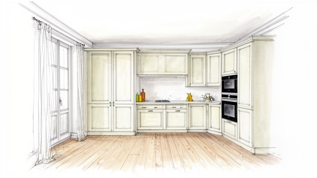 Snedkerarbejde til fransk landkøkkenstil – specialfremstillede skabe og detaljer.