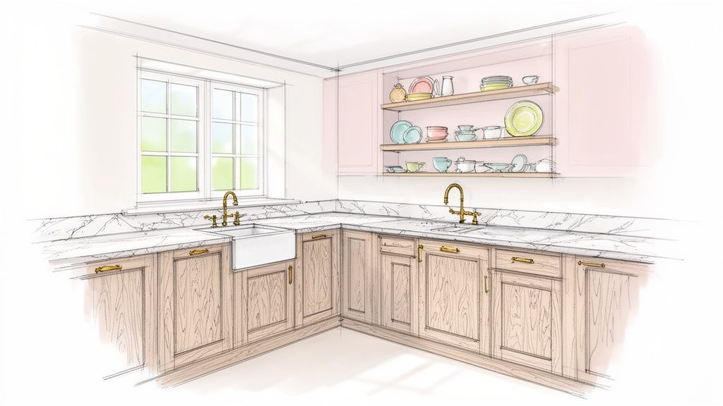 Smukt køkken med specialfremstillede snedkerlåger og hylder, udført af professionel snedker.