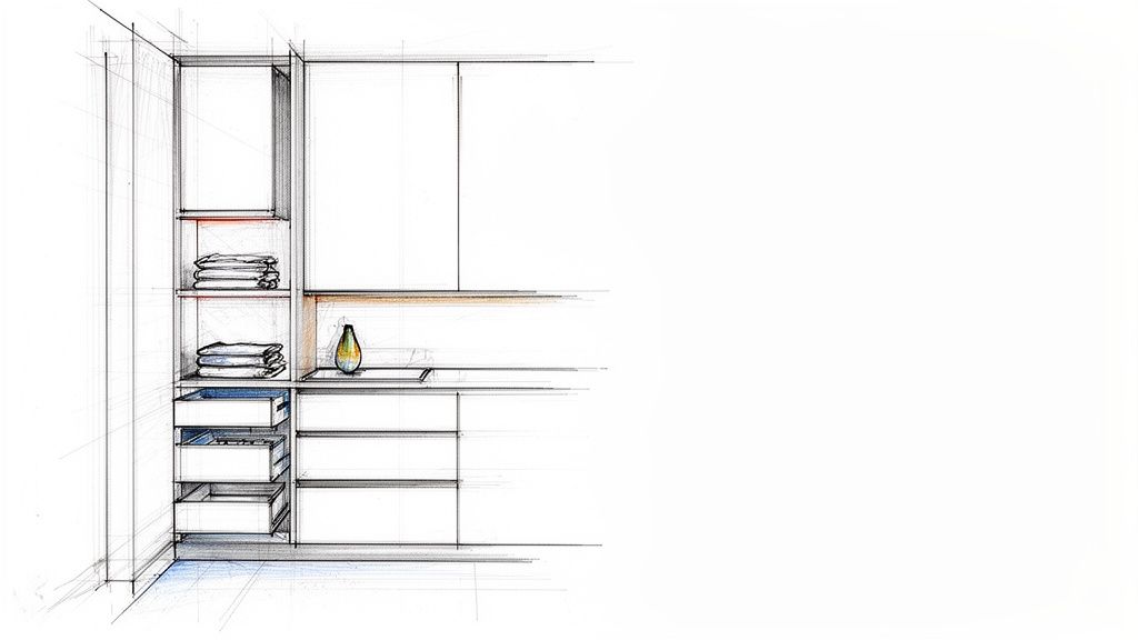 Snedkerarbejde med specialfremstillede badeværelsesskabe.