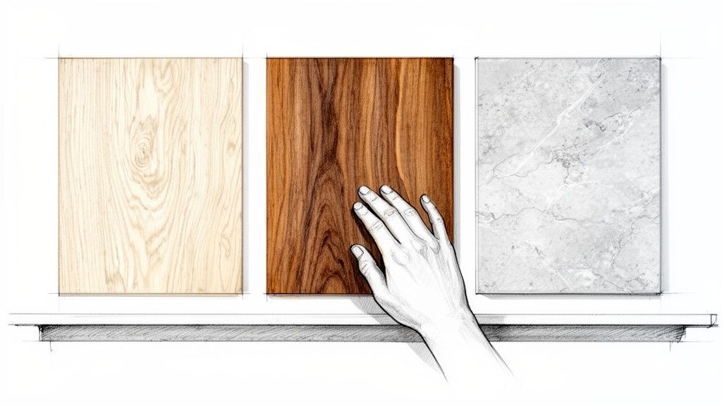 Hånd rører ved mørkt træ mellem lys træ- og marmorprøver på en hylde.