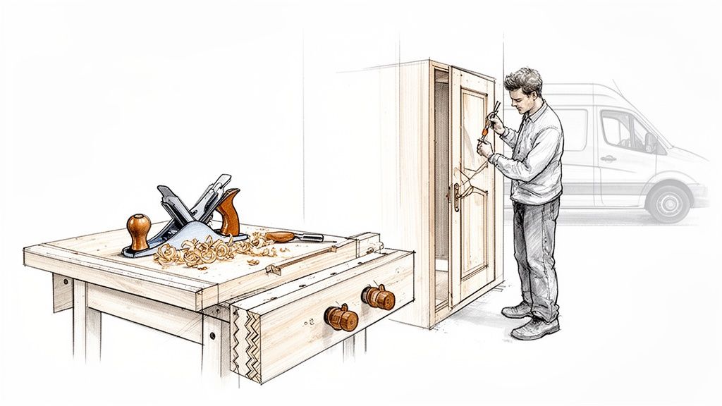En håndværker installerer en køkkendør eller et skab, med træværktøj på en bænk og en varevogn i baggrunden.