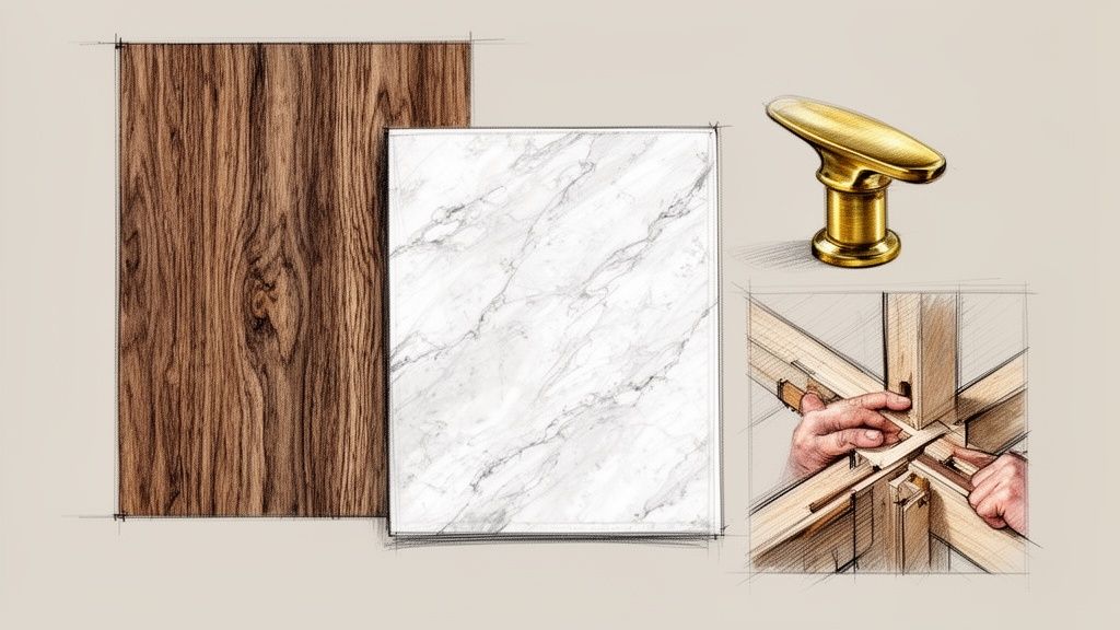 Detaljeret illustration af materialer som træ og marmor, et guldhåndtag og en træsamling, der repræsenterer håndværk.
