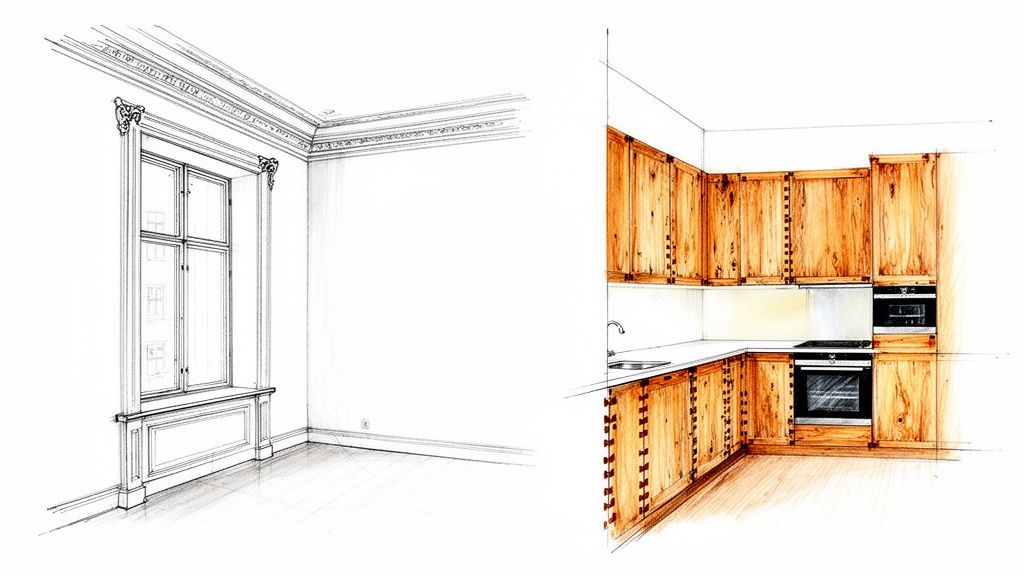 To detaljerede arkitektoniske skitser: et tomt værelse med klassisk vindue og et moderne trækøkken.