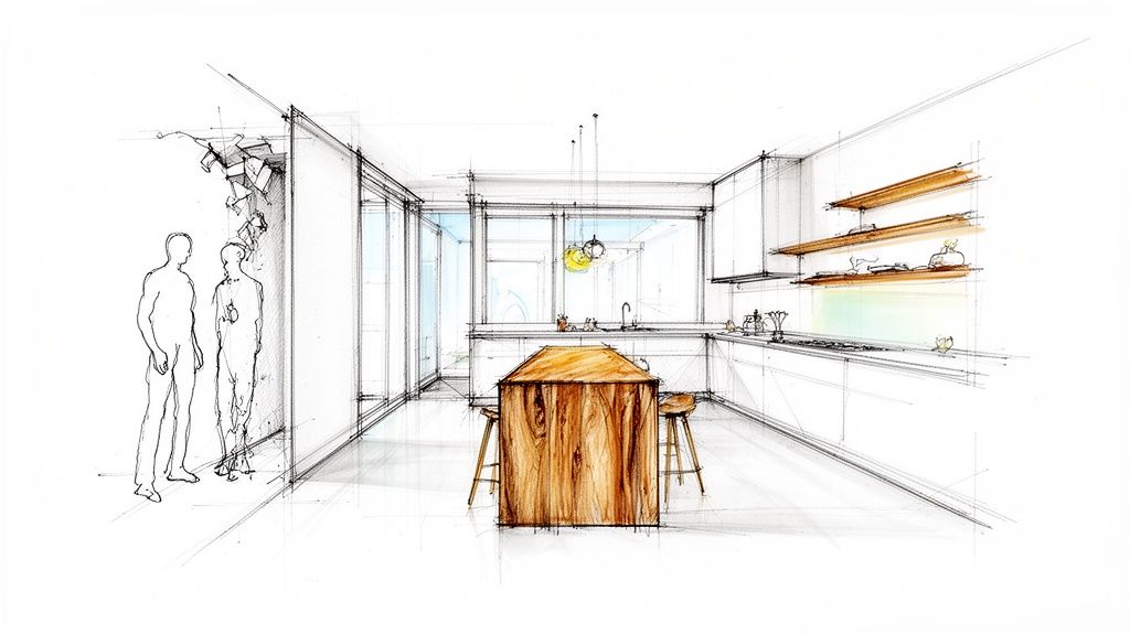 Detaljeret håndtegnet skitse af et moderne køkken med træø, store vinduer og åbne hylder.