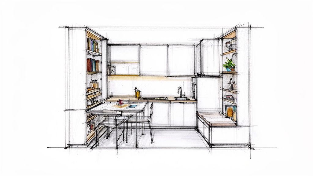 En detaljeret skitse af et moderne køkken og spiseområde med indbyggede hylder og siddepladser.