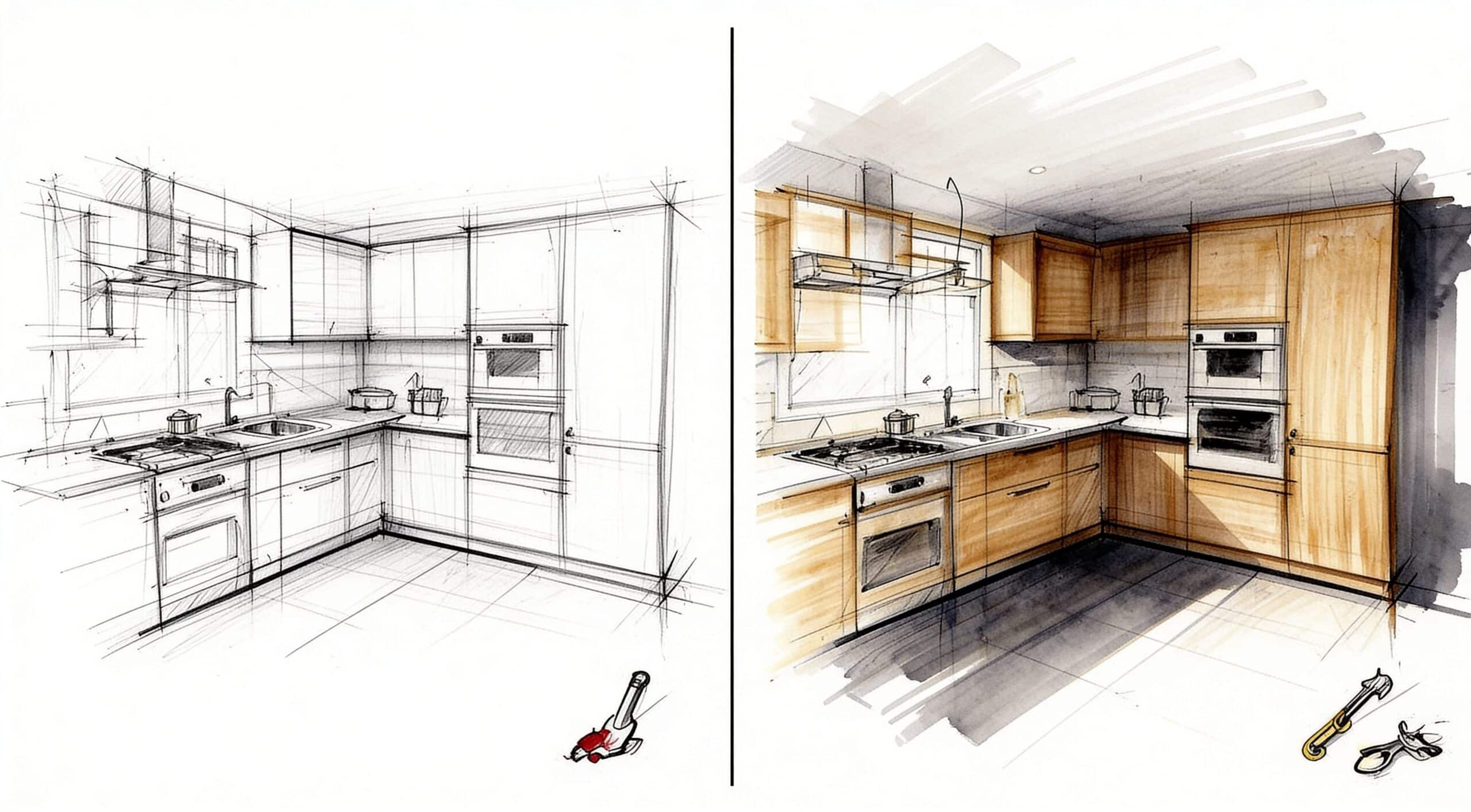 Snedkerarbejde til køkken med specialfremstillede skabe og inventar.