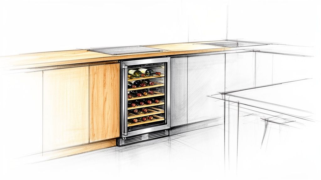 Snedkerarbejde med specialfremstillet vinkøleskab i træ og stål.