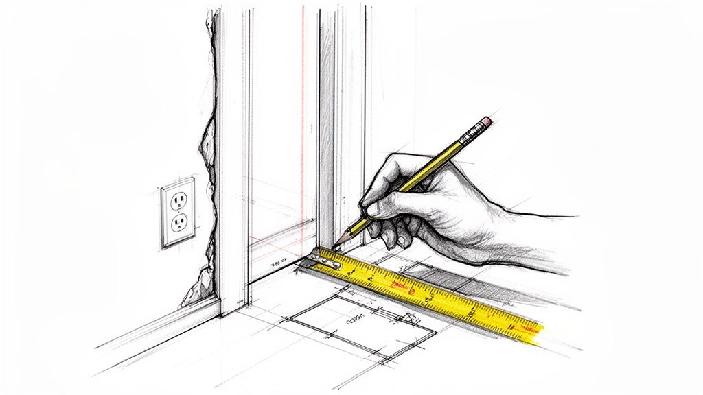 En hånd måler med lineal og blyant på et gulv, med vægge og en stikkontakt i baggrunden.