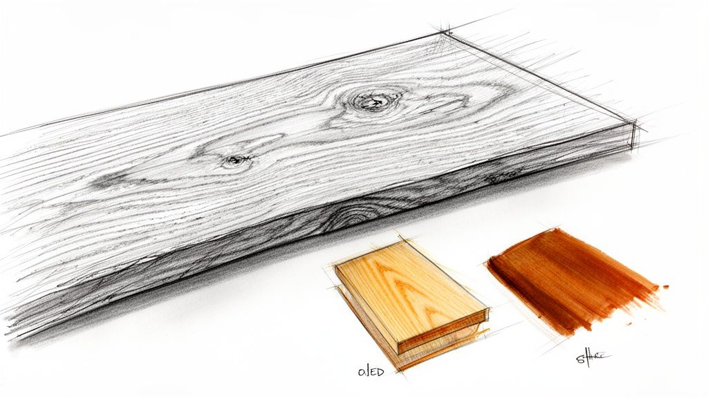 Detaljeret skitse af træplank med årer og knaster, samt to mindre træstykker, et lyst og et mørkt.