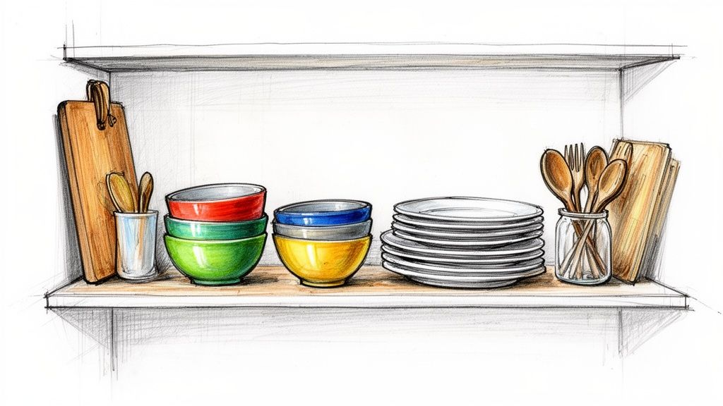 Skitseret tegning af åbne køkkenhylder med stabler af tallerkner, farverige skåle og træredskaber.