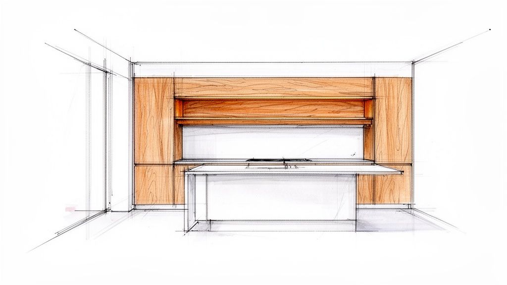 Detaljeret håndtegnet skitse af et moderne køkken med åbne træhylder og en køkkenø.