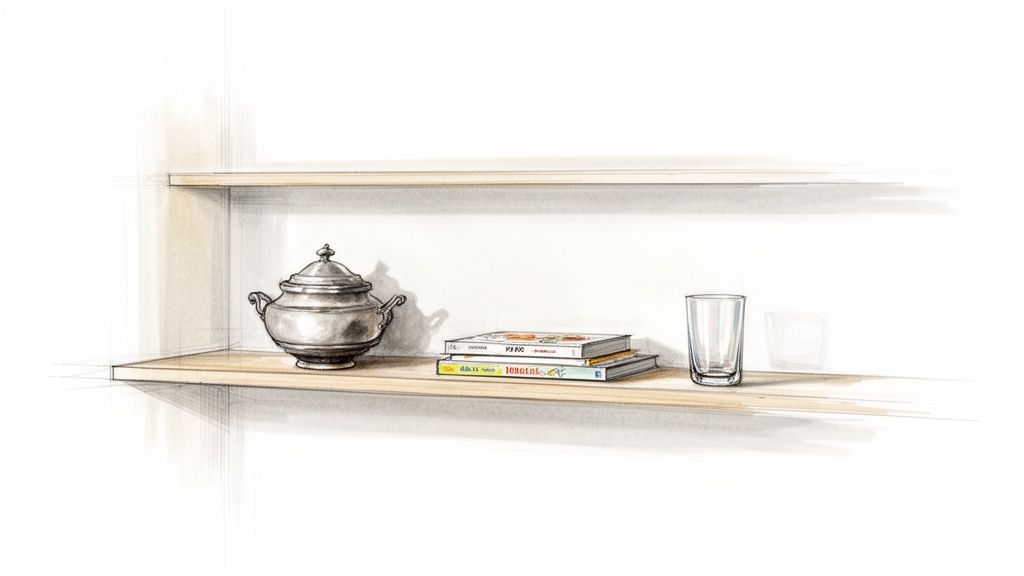 En tegning af to åbne træhylder med en grå gryde, bøger og glas.