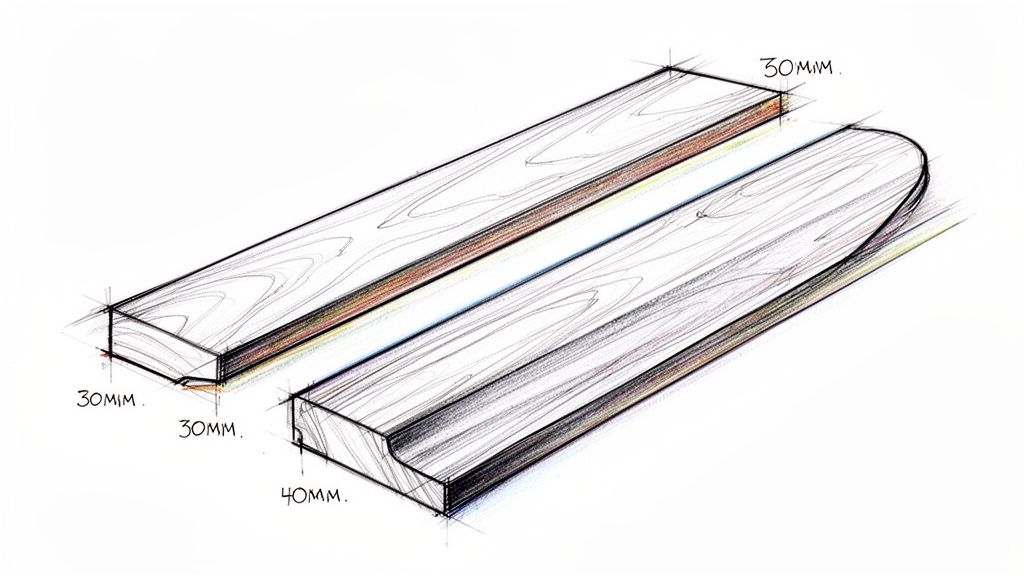 Teknisk skitse af to træplanker, der viser forskellige kantprofiler og dimensioner på 30mm og 40mm.
