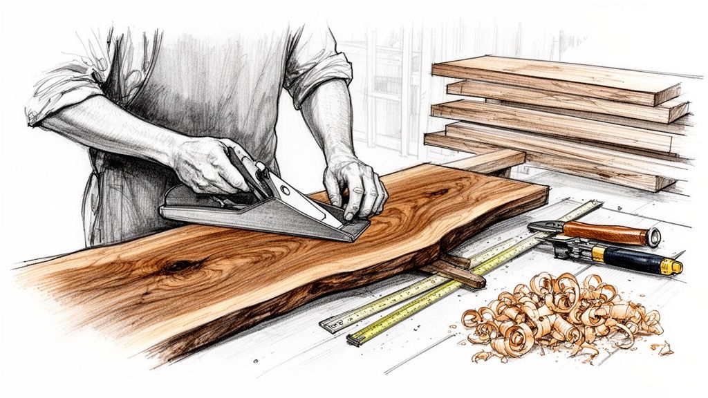 En snedker bruger et håndhøvl til at forme en trækantplade, med træspåner og værktøj på bordet.