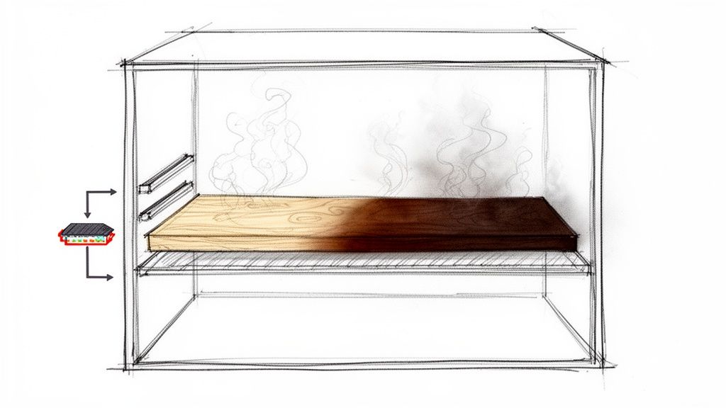 Skitse af en rygeovn der viser en egeplade, der bliver røget mørkere i den ene ende.
