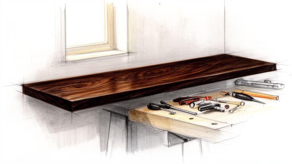 En detaljeret skitse af en lang, mørk træhylde i røget eg over et arbejdsbord med forskellige værktøjer.