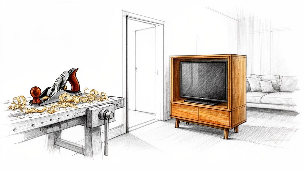 Et træværksted med høvl og træspåner til venstre, og et moderne TV-møbel i træ med en TV-skærm til højre. En døråbning er i midten og en sofa i baggrunden.