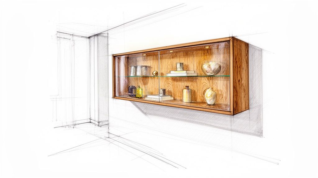 Væghængt vitrineskab i eg med snedkerarbejde, moderne design.