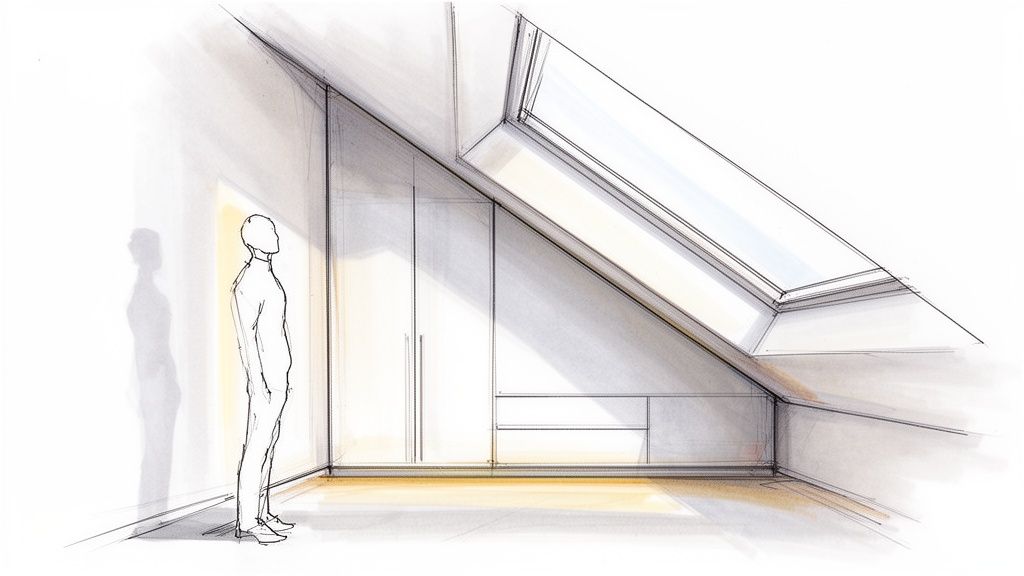 Detaljeret skitse af en loftsrumindretning med skråvæg, indbyggede skabe og et stort ovenlysvindue.