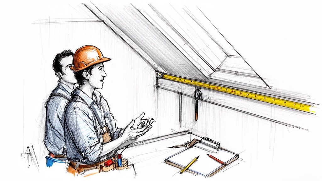 To håndværkere planlægger eller måler et garderobeskab under en skråvæg med værktøj og tegninger.
