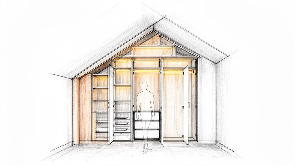 Snedkerarbejde med specialfremstillet skab til tagrum.