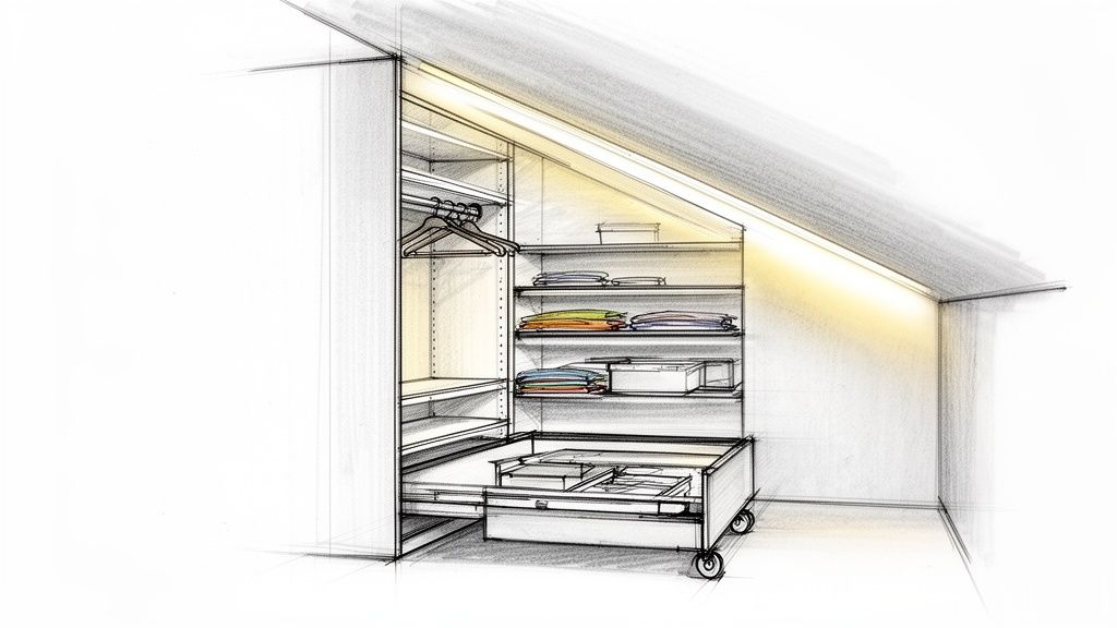 Detaljeret skitse af funktionelt garderobeskab til skråvæg med hylder, bøjlestang og udtrækkelig opbevaring.