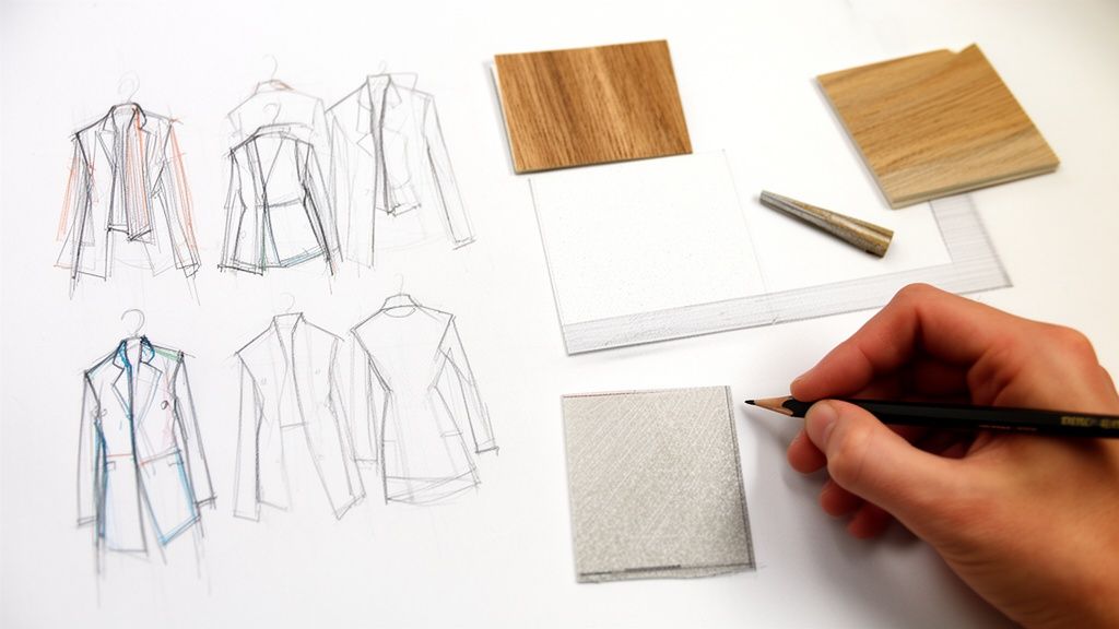 Skitser af tøjdesign med jakker på bøjler, materialeprøver og en hånd der tegner.