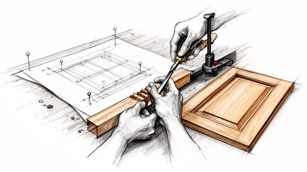 En illustration af hænder der udskærer træ med en mejsel, med byggeplaner og et færdigt panel.