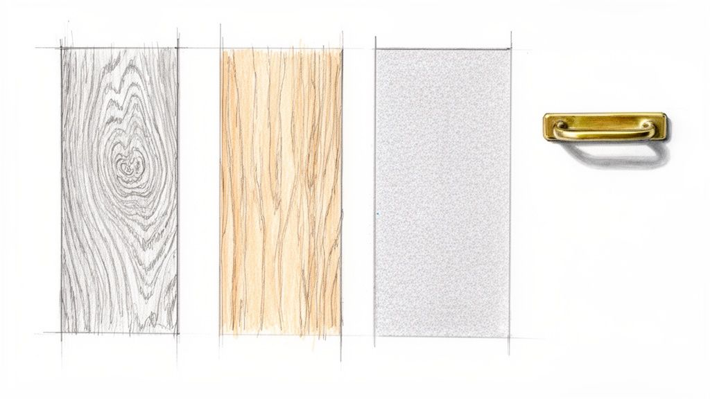 Tre panelprøver med træ- og teksturerede overflader samt et messinggreb, vist som designmuligheder.
