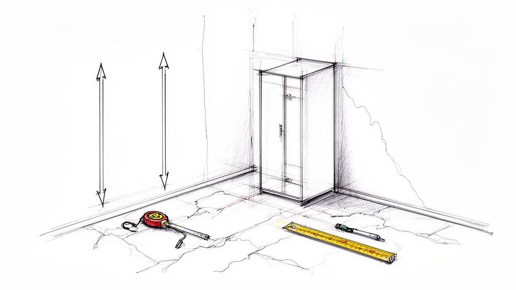 Skitse af rumhjørne med skab, målebånd, lineal og pile til opmåling og indretning.