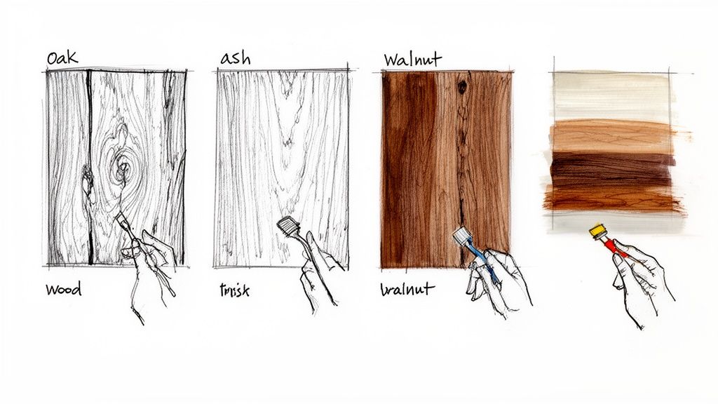 Illustrationer, der viser forskellige træsorter som eg, ask, valnød samt teknikker til træfinish med pensler og bejdse.